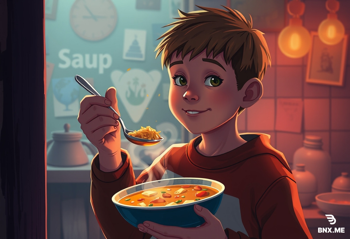 a boy with chicken soup a spoon in hand