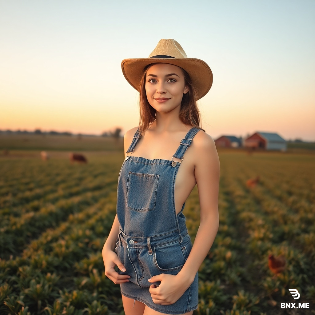 boring low quality snapchat photo circa 2015, young college girl wearing only denim bib in a farmer's hat, standing in a suggestive pose. The scene is set on a farm, with an open field stretching behind her, dotted with crops and a distant barn visible on the horizon. Few scattered farm animals like cows and chickens can be seen grazing and roaming in the background. The light from the setting sun gives a soft orange glow across her face and upper body, casting long shadows across the field. The overall ambiance is relaxed and candid, evoking a casual rural atmosphere.