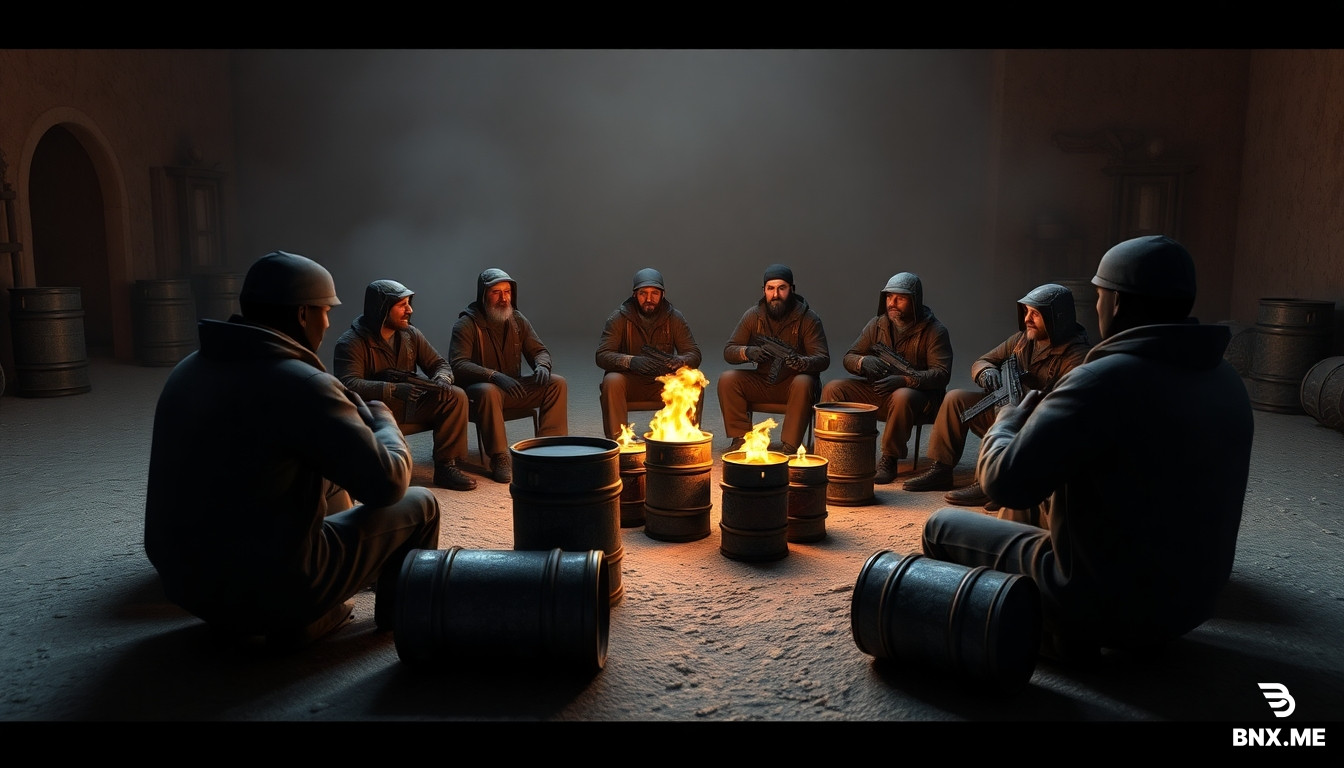3D scene: terrorists from CS gathered and held a meeting on the de_dust2 map. Barrels are burning. They are sitting in a circle and one terrorist is saying something. This is a scene from a computer game. Realistic 3D graphics.