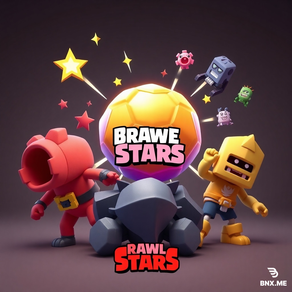 3D-рендер в стиле Brawl Stars, игровая обложка для YouTube, соотношение 16:9. На переднем плане по центру — крупный взрывающийся звездный сундук, из него в разные стороны летят золотые кубки и сверкающие алмазы. На среднем плане по кругу парят эксклюзивные кеды Adidas и футбольные мячи с яркими текстурами. На заднем плане — тёмный нечёткий силуэт геймера с планшетом в руках. Вся левая часть кадра — тёмная, пустая, без объектов и надписей (зарезервирована для крупного заголовка). Динамичный диагональный ракурс снизу вверх. Оранжево-синий неоновый контраст, объёмный глянцевый свет, насыщенные сочные цвета, киберспортивная атмосфера. Без текста, букв, цифр, логотипов, водяных знаков и лишних мелких деталей.