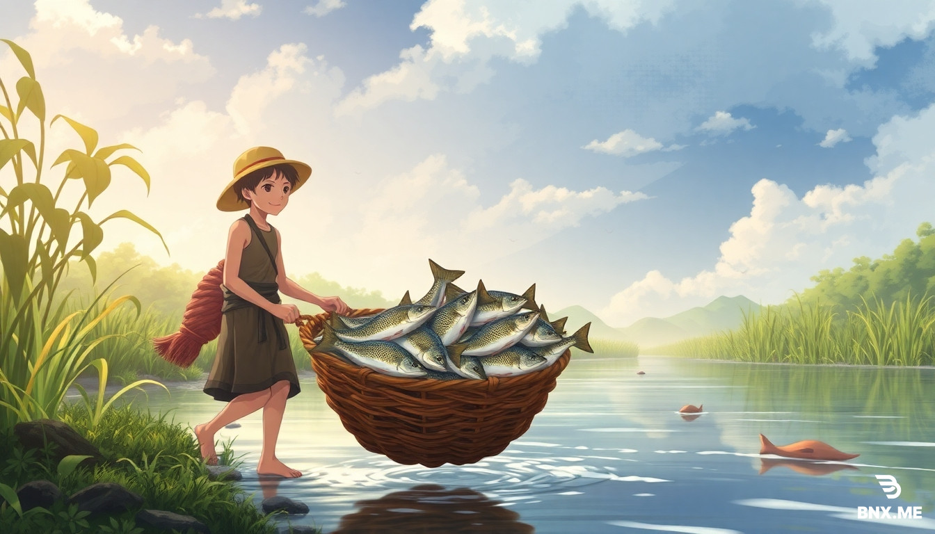 a tribe boy pulled basket filled with big fish , BG river side area .