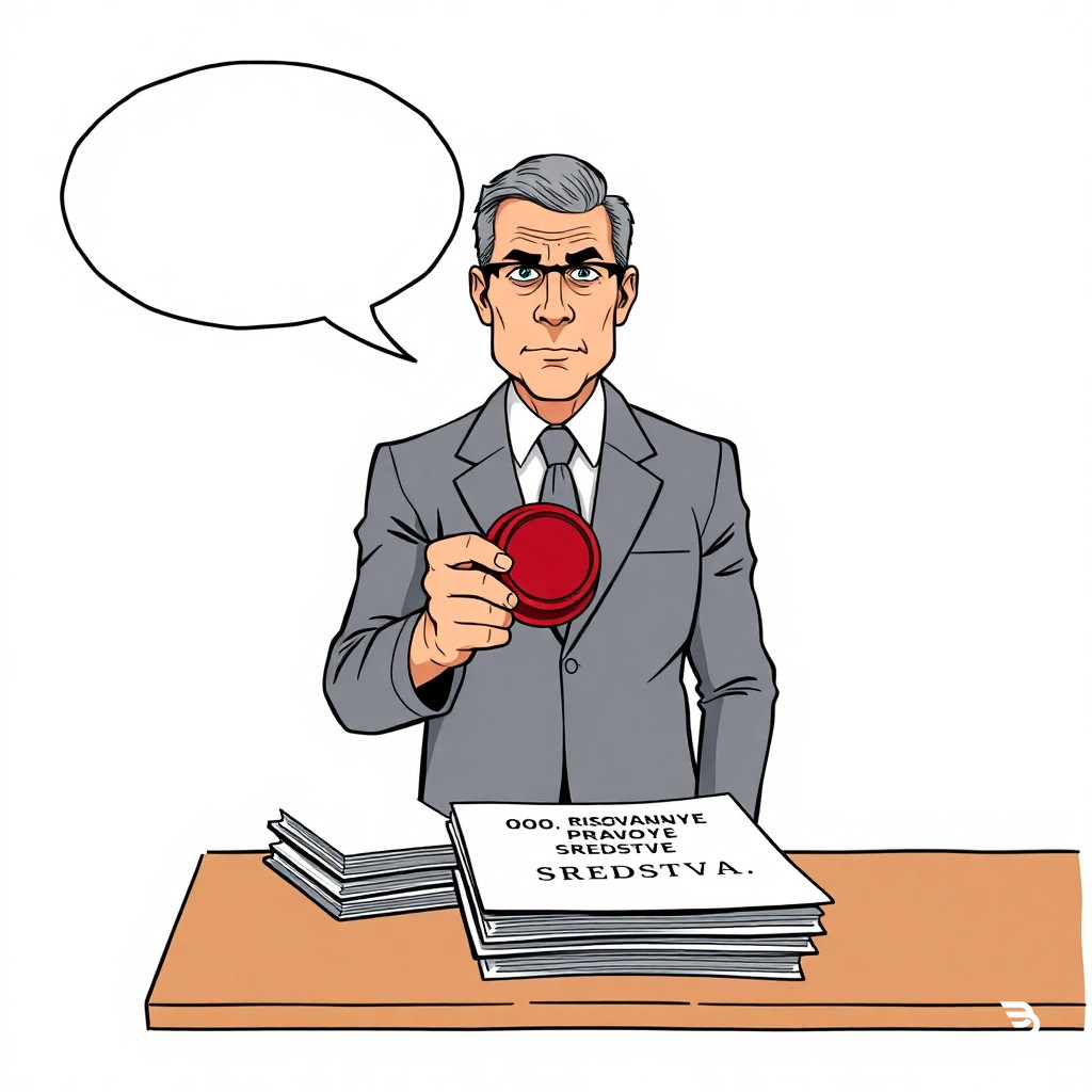 Colorful european comic book style, ligne claire, clear black ink outlines, flat colors, no shading. A wooden table with a stack of white legal documents. A middle-aged man in a plain gray suit stands behind the table, holding a round red corporate stamp in his hand. The man has a neutral, emotionless face. On the table, the top document reads "OOO RISOVANNYE PRAVOVYE SREDSTVA". Above the man's head: an empty white speech bubble with thick black outline, completely empty inside, no text. No other people. Background light gray. Flat colors.