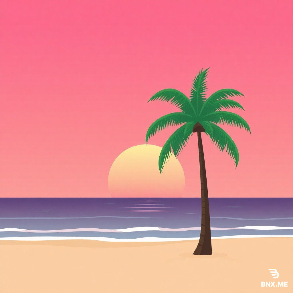 a vector graphic of a beach with pink sunset & a single coconut palm tree