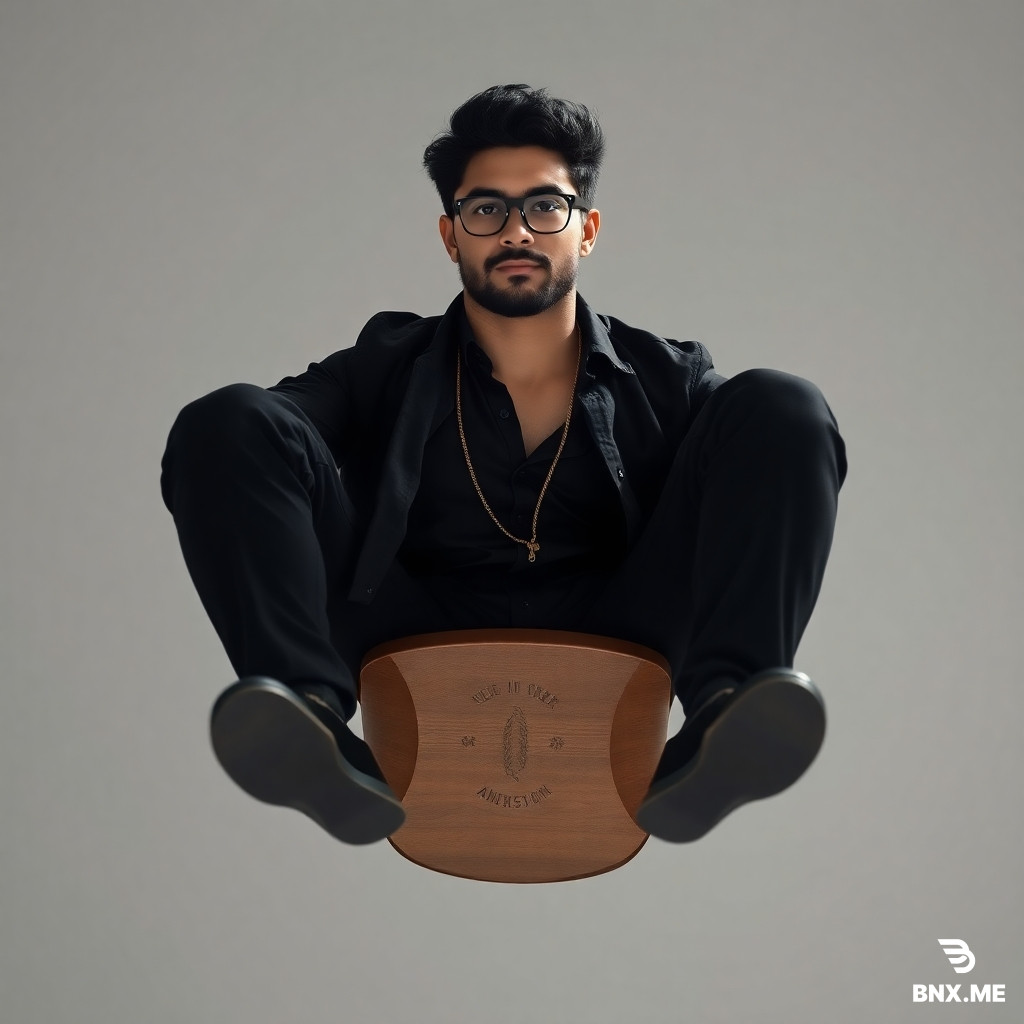 Create a hyper-realistic image of a 26-year-old young man sitting on a brown sandal, with black hair, hazel eyes, a charming beard, glasses, a muscular body, wearing a black shirt with the first button undone, black cloth pants, a black jacket, a gold chain hanging from his neck, and black shoes. The background is a pale black color, there is diffuse lighting from different directions, 4K quality, he is sitting in the sandal upside down, the camera angle is from behind, the back of the sandal is visible and the man is sitting upside down, an attractive and cool photo.