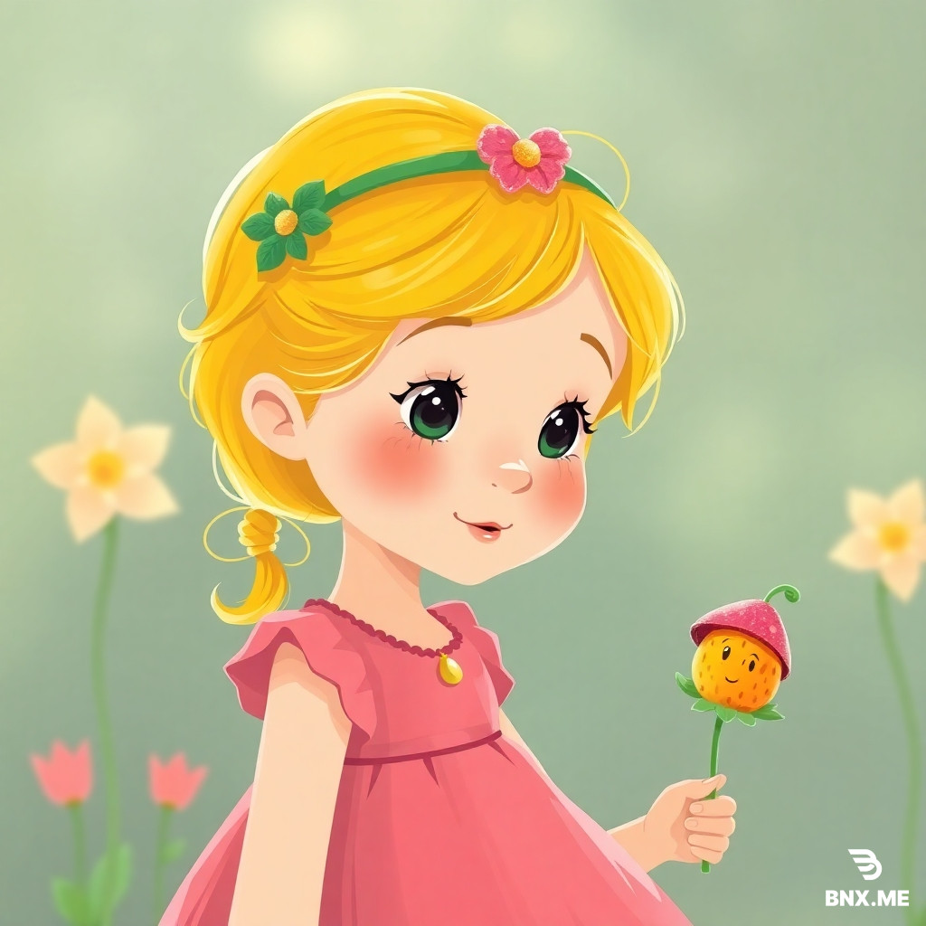 a young girl ages 3-4 with bright yellow hair wearing a pink dress and her name is poppy. Back home, Poppy finds a tiny golden strawberry wearing a little hat in her pocket, proving her magical adventure may have been real. the image must be like an illustration for kids. don't add any text to the image