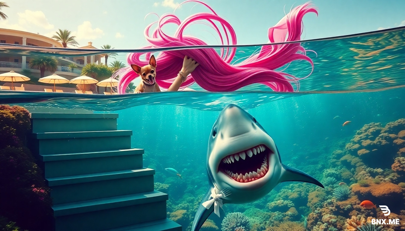A crazy beautiful Chihuahua with its tongue hanging out sits on the shoulder of a fancy, equally crazy little girl with long pink hair blowing upward like a flag in the wind. The girl is carefully walking down a staircase of five steps leading to the sea. Underwater, clearly visible through the water surface, a grinning great white shark is waiting for her. The shark holds a fork in one fin and a knife in the other fin, and a white napkin is tied around its neck like a bib. The scene is split in half by the waterline: above water — a sunny summer resort with green plants, beach umbrellas, and a sandy shore; below water — a rich, colorful underwater world with coral, fish, and light rays. The shark is fully visible, sharp, not hidden. Absurd, grotesque, cinematic, digital art, vibrant colors, high detail.