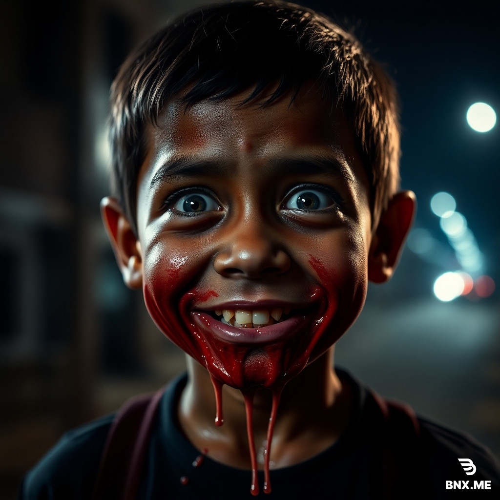 Create picture, Horror scene, small Nepali boy's face melting like wax, eyes drooping, skin dripping, creepy smile remains, surreal dark art, streetlight background, disturbing, cinematic, photorealistic, 16:9.