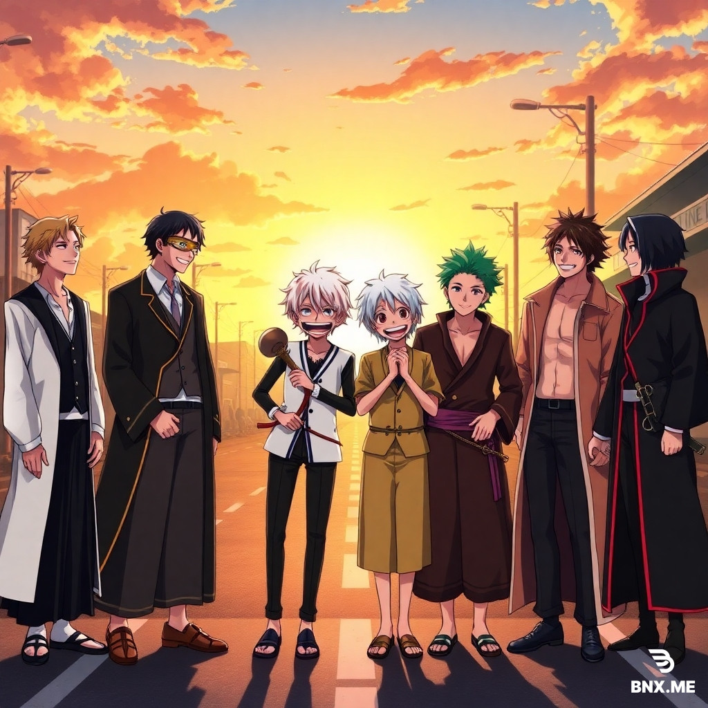 Sure! Here's a detailed English prompt perfect for generating an image of this epic scene:---Prompt:Eight iconic anime characters — Aizen (Bleach), Gojo (Jujutsu Kaisen), Inosuke (Demon Slayer), Light Yagami (Death Note), Zoro (One Piece), Noel Silva (Black Clover), Obito, and Madara (Naruto) — standing side by side in a single straight line, all laughing together uncontrollably. Each character has their unique traits: Aizen with his mysterious smirk, Gojo with his blindfold slightly tilted and white hair messy, Inosuke wearing his boar mask but laughing loudly from the chest, Light with a mischievous schoolboy grin, Zoro with a rare warm smile, Noel with elegant posture but laughing eyes, Obito and Madara standing shoulder to shoulder with ironic, bittersweet laughter. The background is a surreal sunset battlefield mixed with a modern city street, symbolizing peace after conflict. The atmosphere is warm, joyful, and epic. Art style: vibrant anime illustration, cinematic lighting, high detail, colorful, group portrait, dynamic expressions, studio-quality render.with there masks and real kits