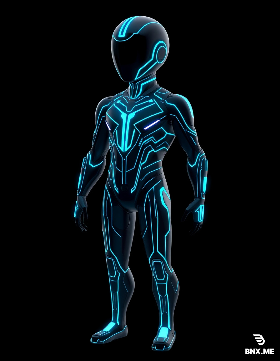 Style: TRON Legacy-inspired, cyberpunk, digital circuitry, low-poly stylized, emissive neon lines, sharp geometric shapes, black base material with glowing cyan and purple energy accents, no organic shapes, no photorealism, clean topology, game-ready asset, T-pose or neutral pose, isolated on pure black background, transparent PNG for 2D, PBR-friendly for 3D. 3D game character, humanoid avatar inside a digital processor, sleek athletic silhouette, dark metallic black body covered with glowing cyan neon circuit lines, smooth spherical head with no facial features, faint white glow where eyes would be, subtle purple energy trail behind, TRON Legacy style, low-poly, 1200 triangles, T-pose, isolated, transparent background, game-ready, PBR. [Universal 3D suffix]