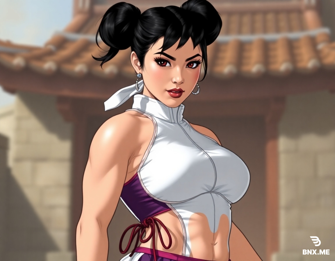 Chun-Li, Source: Street Fighter, Double bun hairstyle, White bun cover, Thick thighs, Huge thighs, Broad and large shoulders,