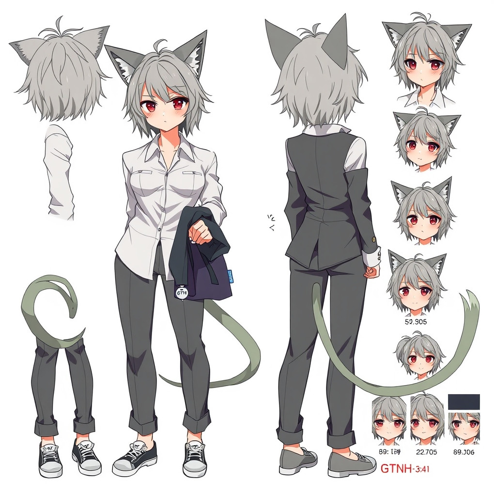 anime character sheet, character design sheet, full body, front view, back view, side view, expression sheet with 8 facial expressions, color palette swatches, female office worker, extremely messy disheveled grey medium hair, large ahoge, grey fluffy cat ears, grey fluffy cat tail, red sleepy eyes, noticeable under-eye bags, dark circles under eyes, mole under left eye, catlike smile, cigarette in mouth, white dress shirt, dark grey tailored trousers, grey sneakers, holding dark grey blazer in hands, thin silver chain with silver GTNH logo pendant, wristwatch, white background, high quality, detailed --ar 3:4  Negative prompt: skirt, green hair, green tail, green ears, brown eyes, fish pendant, vest, heels, no cigarette, low quality, bad anatomy, extra limbs