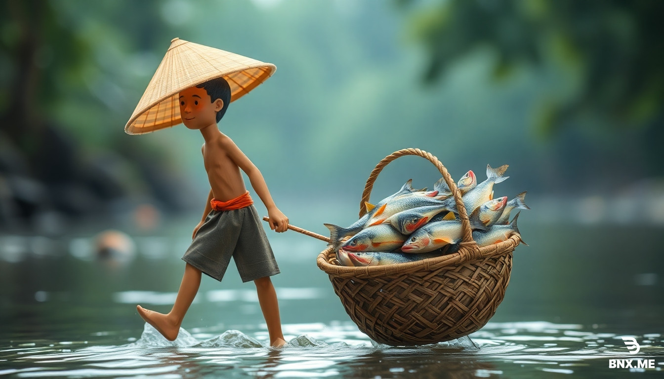 a tribe boy pulled basket filled with big fish , BG river side area .