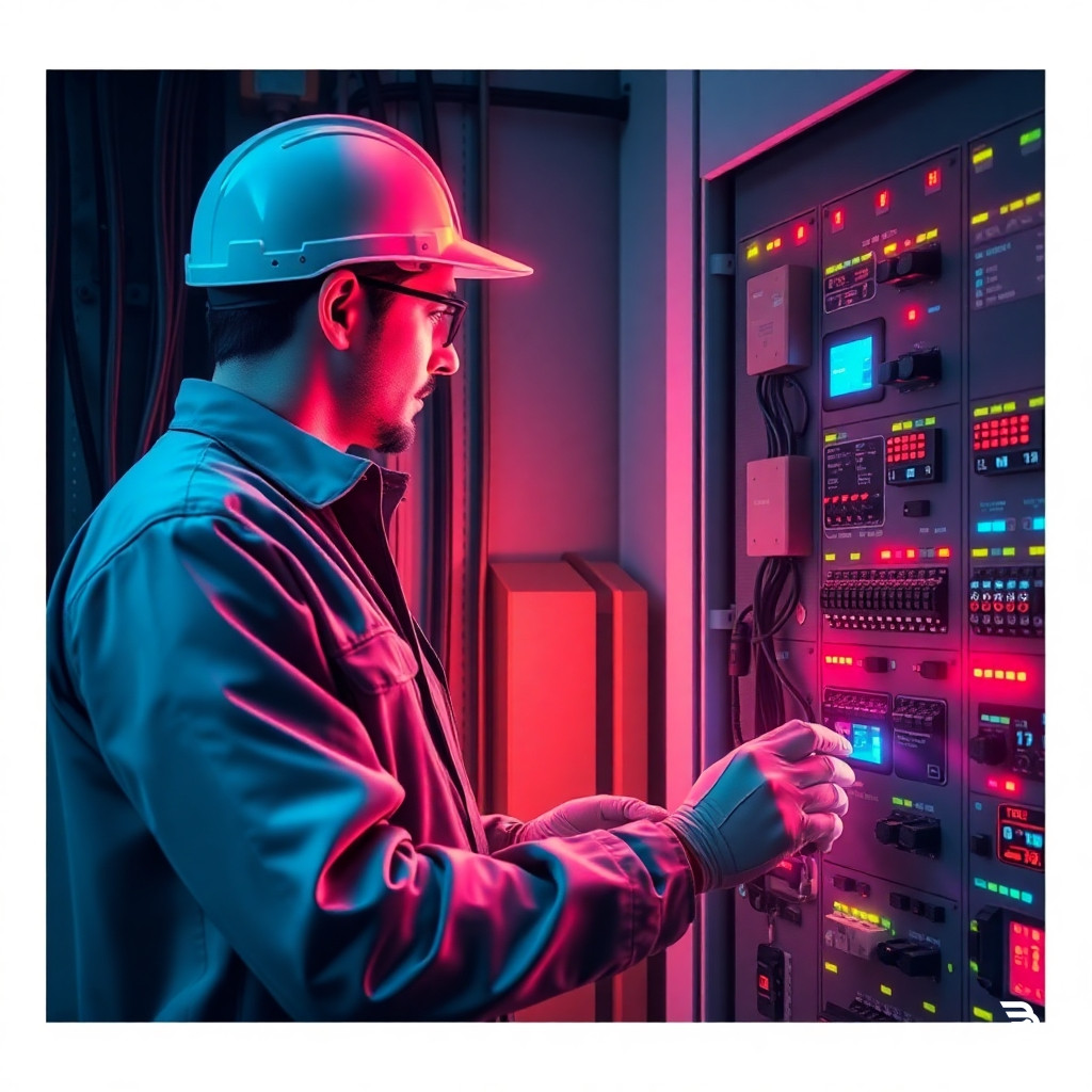 generate image that one electrical technian working on the plc panel checking the system