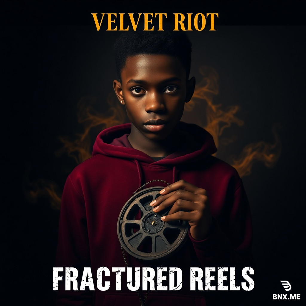 "Cinematic poster. A striking black teenager with dark skin, intense eyes, dramatic shadow on face, wearing a velvet burgundy hoodie. Standing in dim room with gold rim light. Holding a vintage film reel. Deep charcoal background. Gold smoke swirls. Moody, aesthetic, emotional. Text 'VELVET RIOT' in elegant gold serif font at top. Text 'FRACTURED REELS' in rough white grunge font underneath. 16:9 ratio. High detail, cinematic lighting, film grain."
