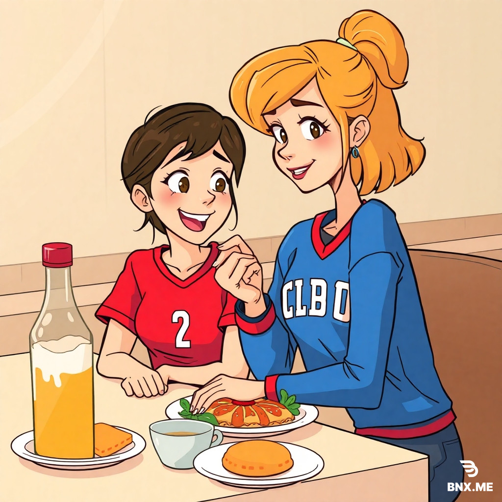 un immagine in stile cartoon, di usn ragazza bio do asui 22 anni, che a tavola con una maglietta scolata fa un ruttino dopo mangiato.?