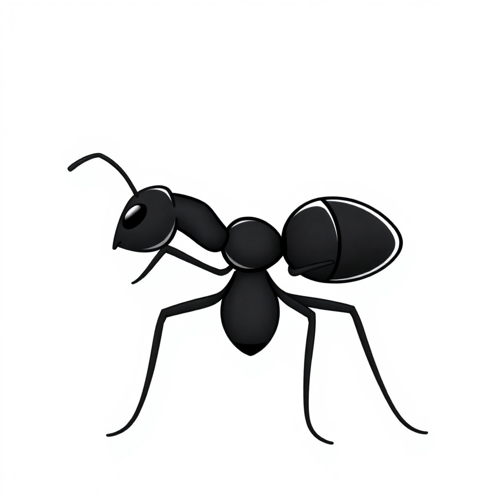 A black cartoon ant from behind and from the front. The image should be from above. The ant should be simple but detailed.