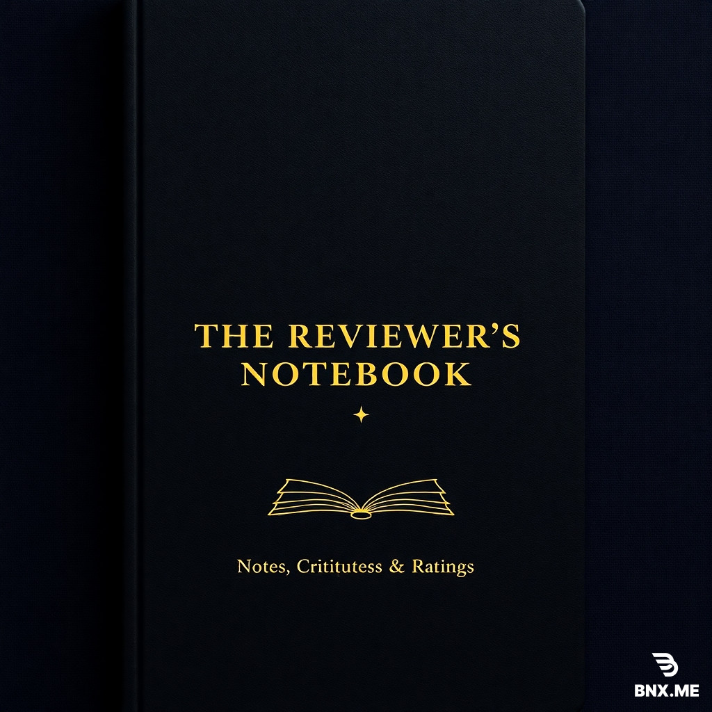 "A minimalist, high-end hardcover notebook cover design, front-facing view. The title 'THE REVIEWER’S NOTEBOOK' is embossed in the center in elegant, minimalist serif gold foil typography. Below it, in smaller text, it says 'Notes, Critiques & Ratings.' The background is a deep charcoal matte black or navy blue textured linen fabric. The only graphic element is a thin, geometric gold line drawing of an open book with a single star rising from its pages. The composition is perfectly centered and symmetrical. Studio lighting, soft shadows, mockup style, ultra-luxurious, 8k resolution. Portrait orientation (2:3 aspect ratio)."