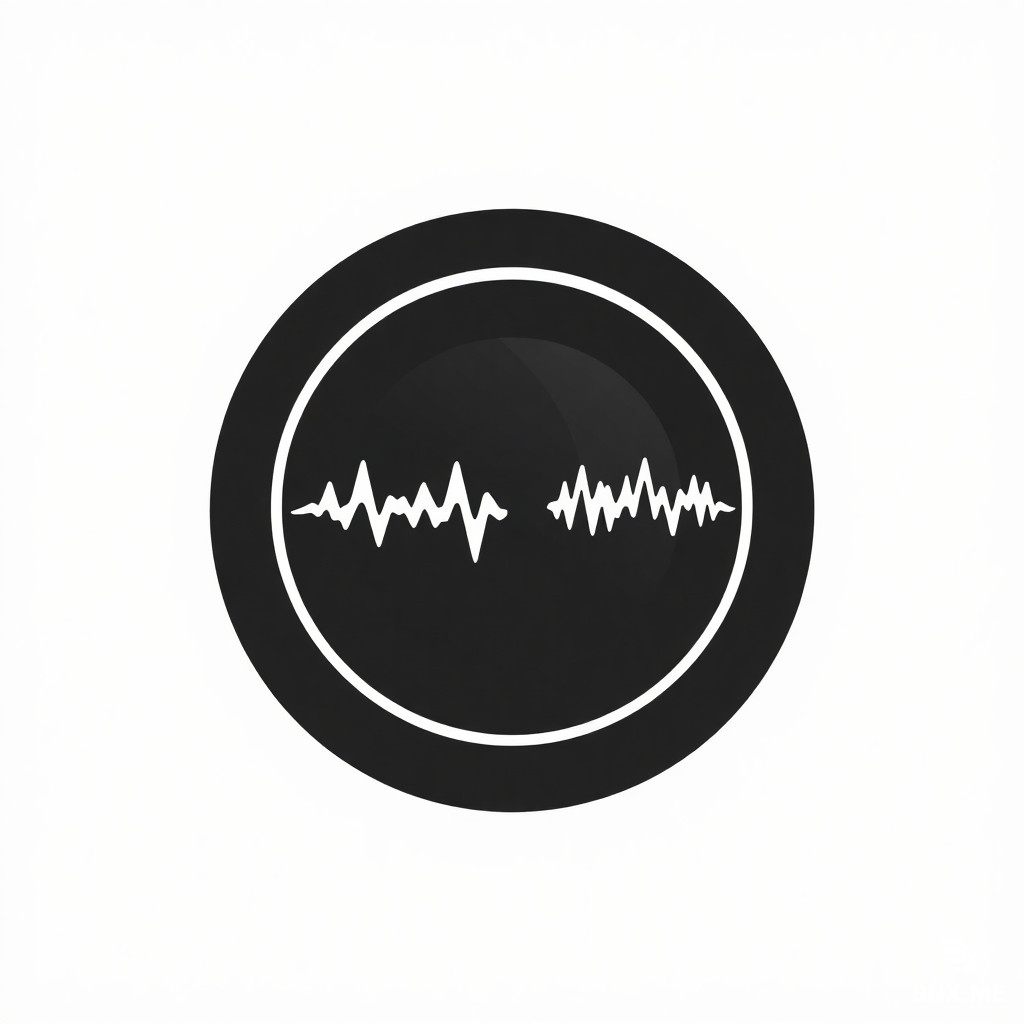 A minimalist logo design for a concert photographer. A circular camera lens icon where the inner glass reflection is replaced by a stylized, jagged soundwave line. The lens rim has a slight punk rock, stencil aesthetic. Vector flat design, black on white background, no text, clean edges.