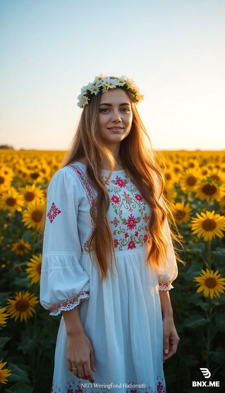 an with long flowing hair, wearing a traditional folk embroidered white dress (vyshyvanka) and a wreath made of fresh daisies on her head. She stands in a field of bright yellow sunflowers under a clear blue sky. Soft golden hour lighting, romantic and serene atmosphere. Realistic style, high detail, professional photography. Vertical format 9:16 for phone wallpaper.