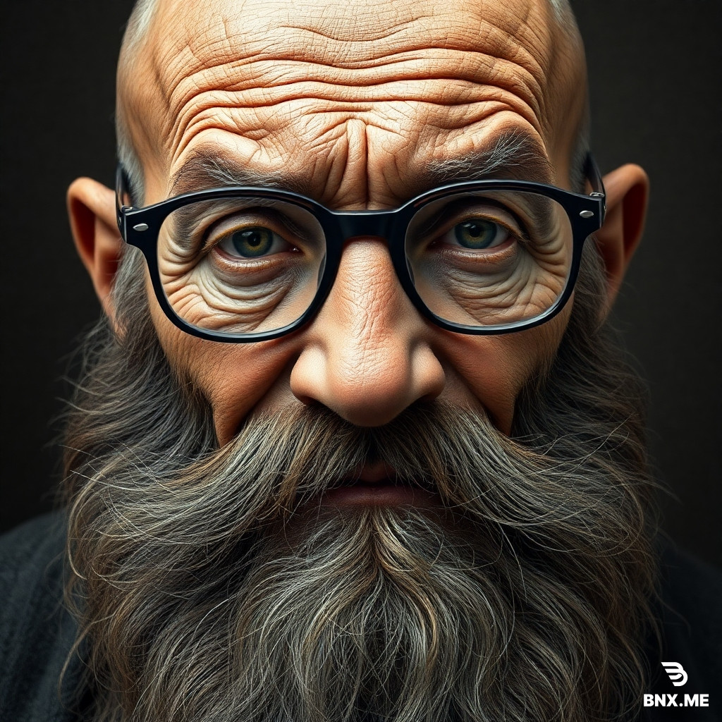 A hyper-detailed portrait of an extremely ancient old man. Exaggerated deep wrinkles, skin like cracked earth, long thick wild beard, very thick glasses, bald head, intense texture, old age features maximized.