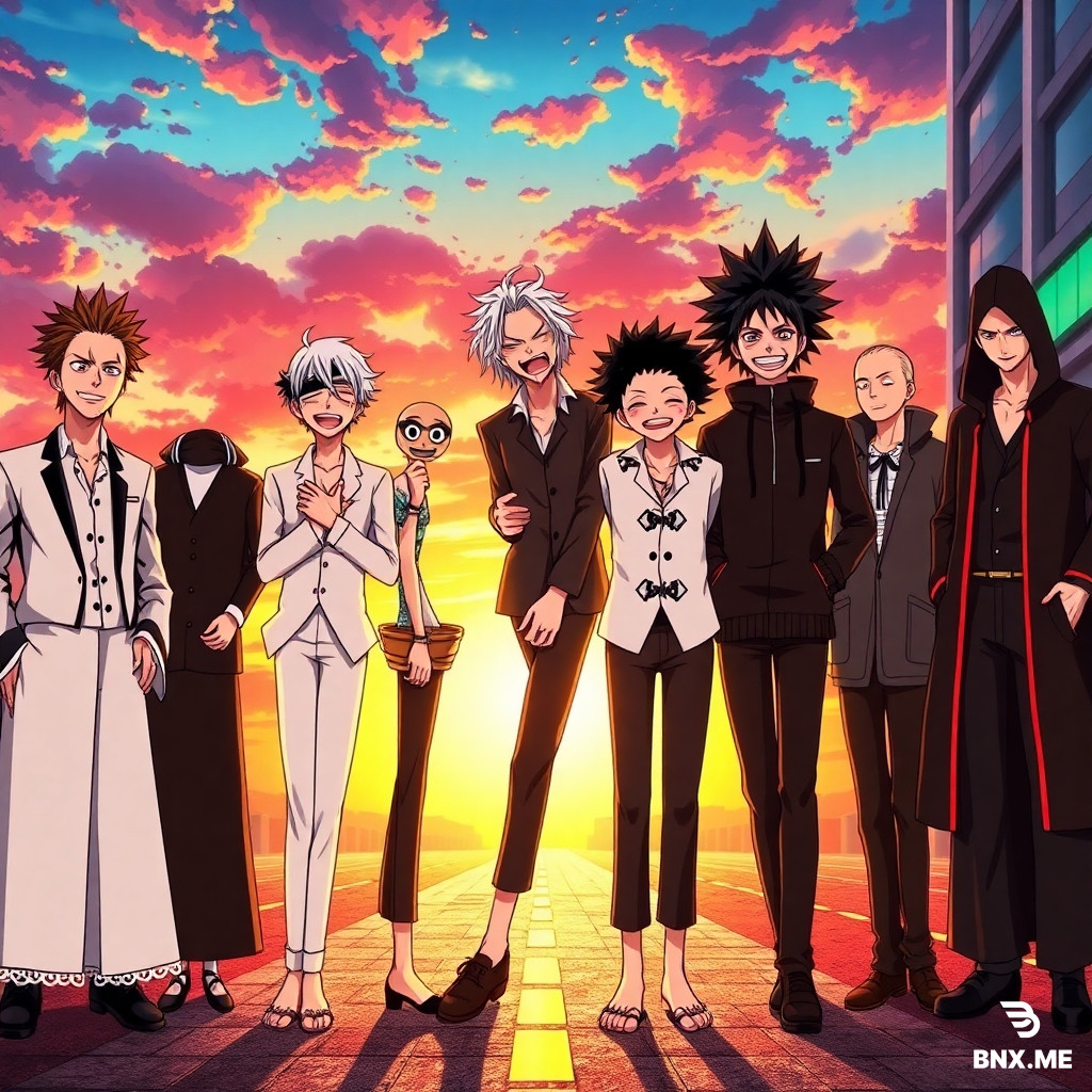 Aizen (Bleach), Gojo (Jujutsu Kaisen), Inosuke (Demon Slayer), Light Yagami (Death Note), Zoro (One Piece), Noel Silva (Black Clover), Obito, and Madara (Naruto) — standing side by side in a single straight line, all laughing together uncontrollably. Each character has their unique traits: Aizen with his mysterious smirk, Gojo with his blindfold slightly tilted and white hair messy, Inosuke wearing his boar mask but laughing loudly from the chest, Light with a mischievous schoolboy grin, Zoro with a rare warm smile, Noel with elegant posture but laughing eyes, Obito and Madara standing shoulder to shoulder with ironic, bittersweet laughter. The background is a surreal sunset battlefield mixed with a modern city street, symbolizing peace after conflict. The atmosphere is warm, joyful, and epic. Art style: vibrant anime illustration, cinematic lighting, high detail, colorful, group portrait, dynamic expressions, studio-quality render.with there real faces and masks lfully deal