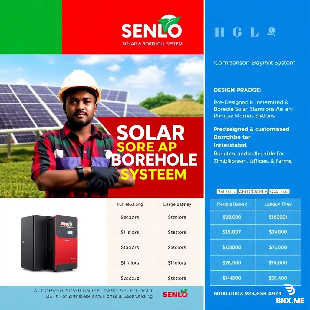 COMPLETE PREMIUM EDITABLE SOLAR POSTER DESIGN PROMPT (WITH FULL PACKAGE DETAILS + PRICES)  Design Style: Create a powerful, modern, professional solar & borehole sales poster for Zimbabwe using a bold Red, Green, Blue, and White premium corporate color palette. Design should look like a top-tier solar distributor advertisement with polished product visuals, solar panels, batteries, inverters, African technician branding, and structured package comparison columns. Clean, high-converting, trustworthy, and fully editable for Canva, Photoshop, or Illustrator.   ---  HEADER / COMPANY BRANDING:  SENLO SOLAR AND BOREHOLE SYSTEM  PRE-DESIGNED & CUSTOMISED SOLAR ENERGY & BOREHOLE SOLUTIONS  Tagline: Reliable. Affordable. Scalable. Built for Zimbabwean Homes, Offices & Farms.   ---  HERO VISUAL:  Professional African technician wearing branded PPE / hard hat  Solar farm or rooftop solar background  Borehole drilling / water pump integration  Premium inverter, battery, and solar panel product display  Bright sunrise energy effect  Bold sales flyer style    ---  COLOR THEME:  Primary Colors:  Red – Prices, urgency, CTA buttons  Green – Sustainability, energy, borehole identity  Blue – Trust, product panels, corporate sections  White – Premium clean readability    ---  MAIN SOLAR PACKAGE COMPARISON (4 COLUMNS):  COLUMN 1 — 4KW HOME / OFFICE BASIC SOLAR SYSTEM  Ideal for: Lighting, TV, Fridge, WiFi, Borehole Pump  24V Hybrid Inverter  100Ah Lithium Battery  Solar Panels  Materials & Labour Included   PRICE: $1200   ---  COLUMN 2 — 5.5KW / 6.2KVA HOME / OFFICE BASIC SOLAR SYSTEM  Ideal for: Lights, Fridge, Borehole Pump, TV & More  6 x Solar Panels  6.2KVA Hybrid Inverter  100Ah 48V Lithium Battery  Materials & Labour Included   PRICE: $2150   ---  COLUMN 3 — 5.5KW / 6.2KVA HOME / OFFICE STANDARD SOLAR SYSTEM  Ideal for: 2 Fridges, Borehole Pump, Washing Machine, Microwave, Entertainment  9 x Premium Solar Panels  5.5KW / 6.2KVA Hybrid Inverter  200Ah 48V Lithium Battery  Full Installation Included   PRICE: $3400   ---  COLUMN 4 — 11KW HOME / OFFICE / FARM BASIC SOLAR SYSTEM  Ideal for: Full house, farm, irrigation, borehole, heavy appliances  12 x Solar Panels  11KW Hybrid Inverter  200Ah 48V Lithium Battery  All Materials & Labour Included   PRICE: $4400   ---  TRUST / VALUE SECTION:  WHY CHOOSE SENLO SOLAR AND BOREHOLE SYSTEM?  Solar Installation Specialists  Borehole Siting & Drilling  Pump Installation & Repairs  Battery & Inverter Supply  Maintenance & Upgrades  Residential, Commercial & Farm Solutions  We Go Anywhere in Zimbabwe    ---  WARRANTY SECTION:  Warranty:  Battery Warranty  Inverter Warranty  Workmanship Guarantee    ---  CONTACT / CTA:  GET IN TOUCH TODAY  📞 0713 024 733  📞 +263 78 259 5423  Service Area: Based locally, serving homes, businesses, farms, and rural areas across ALL Zimbabwe.   ---  FOOTER:  Powering Zimbabwe. Watering Zimbabwe. Building the Future.   ---  EXTRA DESIGN FEATURES:  QR Code placeholder  WhatsApp icons  Facebook / Instagram icons  “Trusted Solar Experts” badge  “Custom Packages Available” ribbon  Official distributor style badge  Editable prices  Canva-friendly text layers  A4 Print Ready + WhatsApp / Facebook Ad Ready    ---  FINAL VISUAL GOAL:  Bold | Professional | Clean | Premium | Zimbabwe Market Ready | Social Media Ready | Print Ready | High Sales Conversion