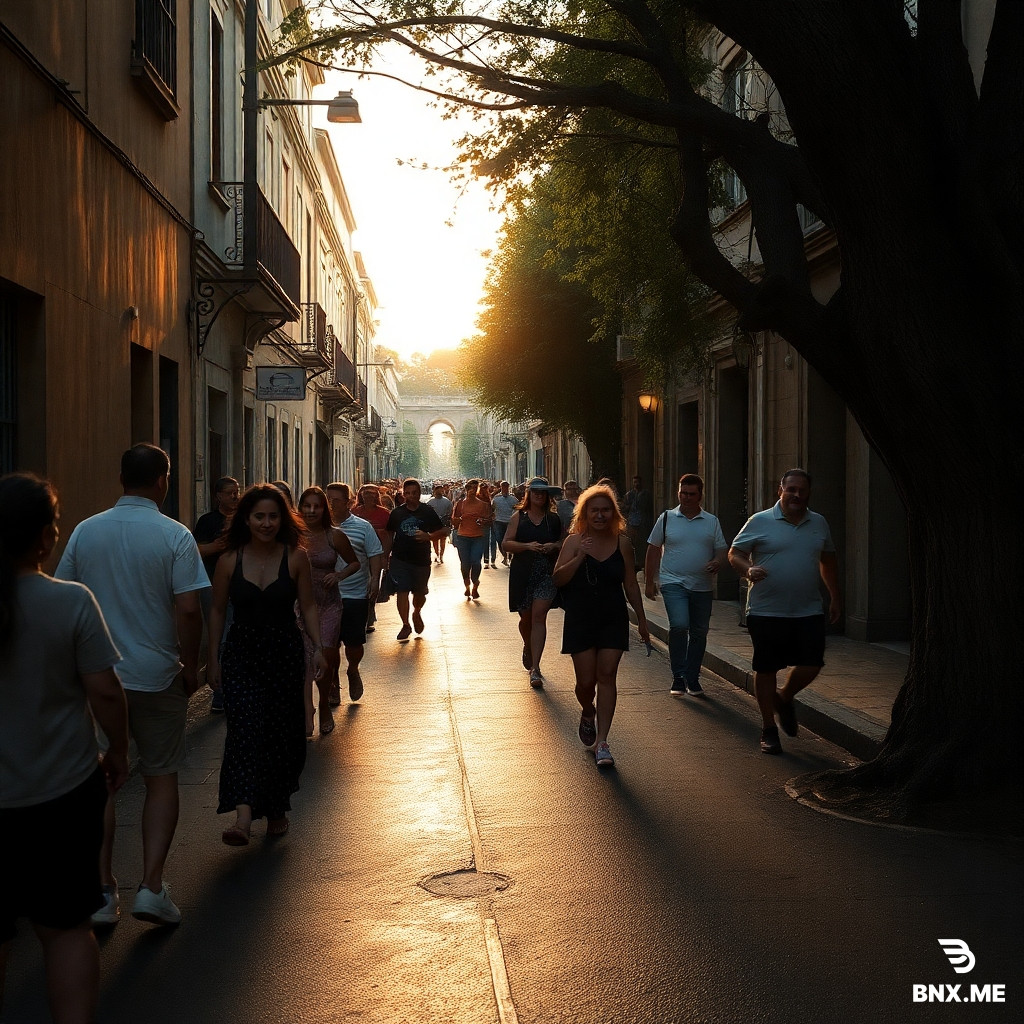 Corrida de pessoas numa rua de paralelepípedo com um trem bala correndo ao fundo dentro de uma mata fechada
