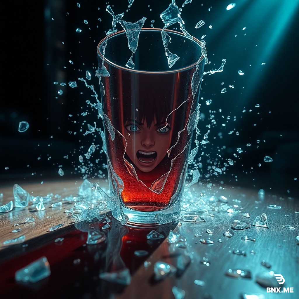 Slow motion shot of a glass cup falling and shattering on the floor, water splashing everywhere, reflection of a distressed person in the broken glass shards, dark room with a single beam of light, anime style, dramatic and chaotic energy.