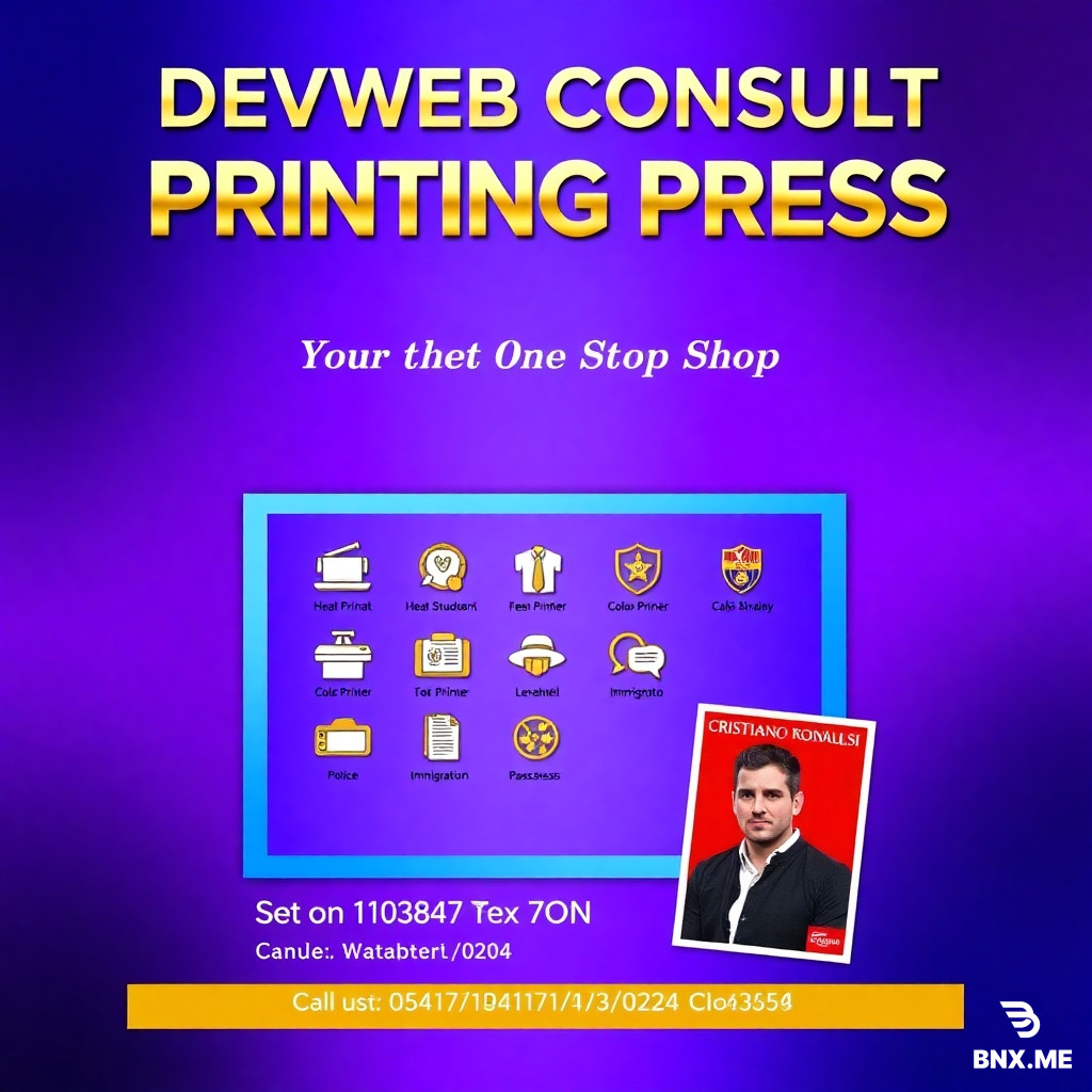 A professional, glamorous A4 portrait flyer design for a printing press shop in Ghana. The background is a luxurious gradient blending deep royal purple and bright electric blue. The layout is modern and elegant.  At the top of the flyer, in large bold gold metallic text: "DEVWEB CONSULT PRINTING PRESS". Below that, a smaller white tagline: "Your One-Stop Shop for Quality Printing."  The flyer is SINGLE sections. SECTION (Background: deep blue AND PURPLE): A clean white box with blue border. Inside, gold icons AND IMAGE OF LARGE FORMAT PRINTER, HEAT PRESS MACHINE AND T-SHIRT, COLOR PRINTER, NURSING STUDENT, POLICE AND IMMIGRATION, ALSO WHITE AND RED BACKGROUND COLOR PASSPORT SIZE PICTURE OF CRISTIANO RONALDO AND LIONEL MESSI .   Below the banner, on the left side, white text: "Call/WhatsApp: 0547177413/0204150781" and on the right side: "Location: [WANGARA LINE, TECHIMAN, BONO EAST REGION]".  Small decorative elements: faint gold stars or sparkles scattered around the flyer. The overall mood is glamorous, trustworthy, professional, and energetic. Leave a blank rectangular space at the bottom right corner for a logo or photo to be added later. The design should feel luxurious like a high-end invitation but also practical for a local business.