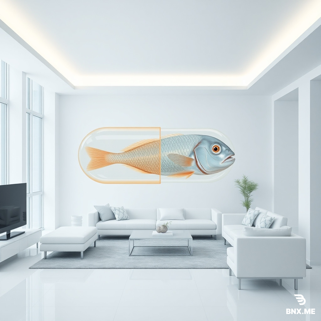 change the fish for a giant pill, keep the transparency and change the background for the inside of an all white modern pristine living room