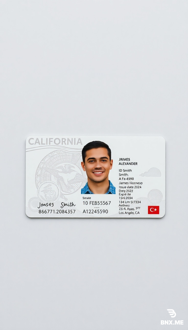 A highly detailed California national ID card positioned on a smooth, light grey background, ultra-realistic 16:9 close-up scan. The card is horizontally aligned and centered in the frame, captured in sharp focus with soft, diffused studio lighting that enhances the card's features without creating harsh shadows.  The design showcases a modern government-issued ID layout, prominently displaying the state seal and the words "CALIFORNIA – DRIVER’S LICENSE" at the top. The card features a passport-style photograph of a young man: short black hair, clean-shaven, medium complexion, wearing a casual blue shirt, with a friendly smile and direct gaze.  Personal details section includes: – Surname: SMITH – Given names: JAMES ALEXANDER – ID number: A1234567 – Date of birth: 10 JAN 1990 – Issue date: 15 FEB 2024 – Expiry date: 15 FEB 2034 – Address: 1234 Elm Street, Los Angeles, CA  The background design incorporates intricate security features such as microprinting, holographic elements, and a subtle gradient of blue and gold. A holographic bear emblem is featured on the right side, reflecting light in various colors.  Additional elements: – California state emblem in the top-right corner – Embedded hologram with security features – Fine-line patterns across the surface – Signature at the bottom right (“James A. Smith”)  Lighting is even and soft, highlighting the card’s laminated texture and security details, with no hands visible. The composition is clean, minimal, and professional, conveying a photorealistic level of detail in 8K quality.