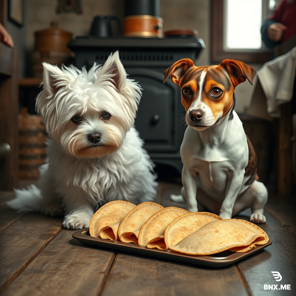 Photorealistic 1880s farmhouse kitchen, floor level, one white fluffy Maltese dog and one Jack Russell with brown ears that have drooping tips, brown eye patches with white fur strip between them, large round eyes, both sitting looking at a platter of intact semicircular folded tacos on the floor. Wood stove background. Realistic dogs, no humans.