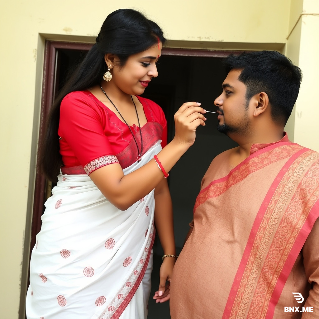 A Bangladeshi girl wearing red blouse without design white saree and nosepin touching her husband penis