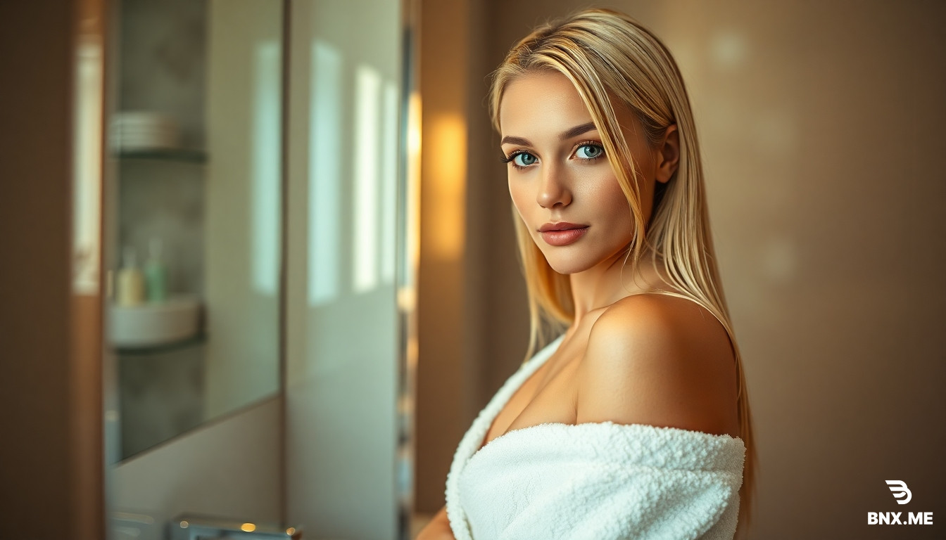 Hyper realistic glamour fashion photograph, wide cinematic composition. A stunning petite blonde woman with straight sleek blonde hair, beautiful Slavic facial features, confident playful smirk, looking at camera through mirror reflection. Standing in a modern bathroom, wet sleek hair, wearing a white fluffy bathrobe loosely tied at the waist, off-shoulder, soft steam in the air. Warm vanity lighting, cinematic shadows, shot on Sony A7R IV 85mm f/1.4, shallow depth of field, raw photo, hyper detailed skin texture, photorealistic, 8k, high-end fashion editorial.
