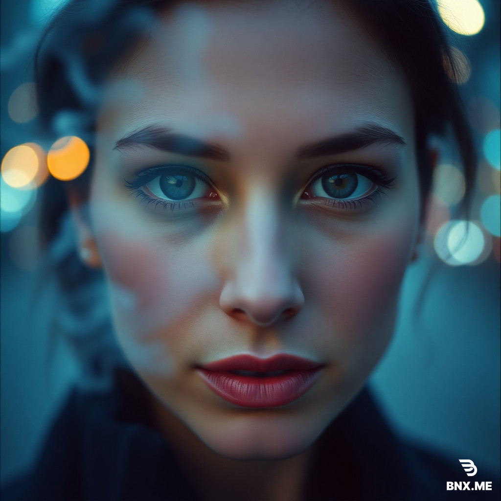 hyperrealistic double exposure portrait, woman looking directly into camera, eyes remain sharp and in focus, face blended with soft bokeh city lights and subtle drifting smoke particles, cold blue and cyan tones, balanced exposure with soft ambient light on face, moderate contrast, cinematic lighting, 35mm film, moody atmosphere, --ar 1:1 --v 6