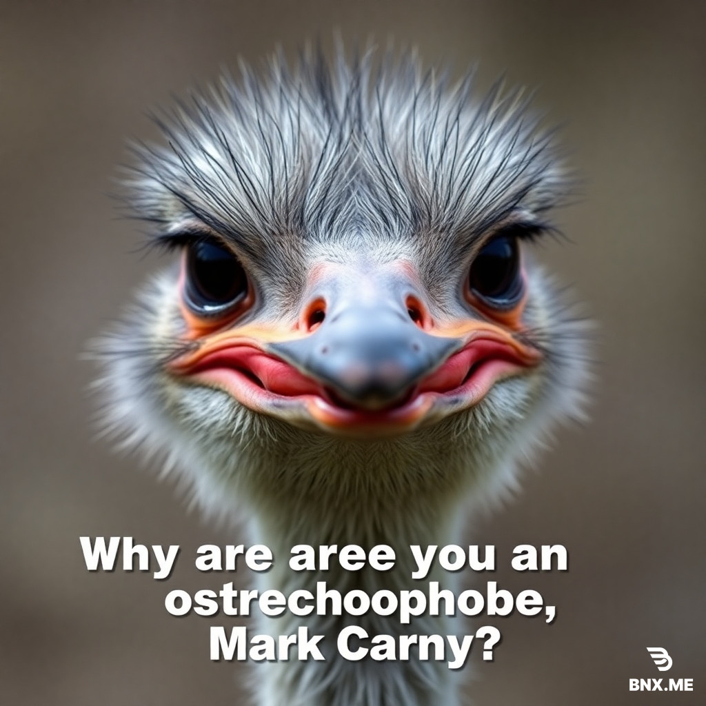 High definition photo of a close-up of an ostrich face with the words, "Why are you an ostrichophobe, Mark Carney?" written at the bottom.