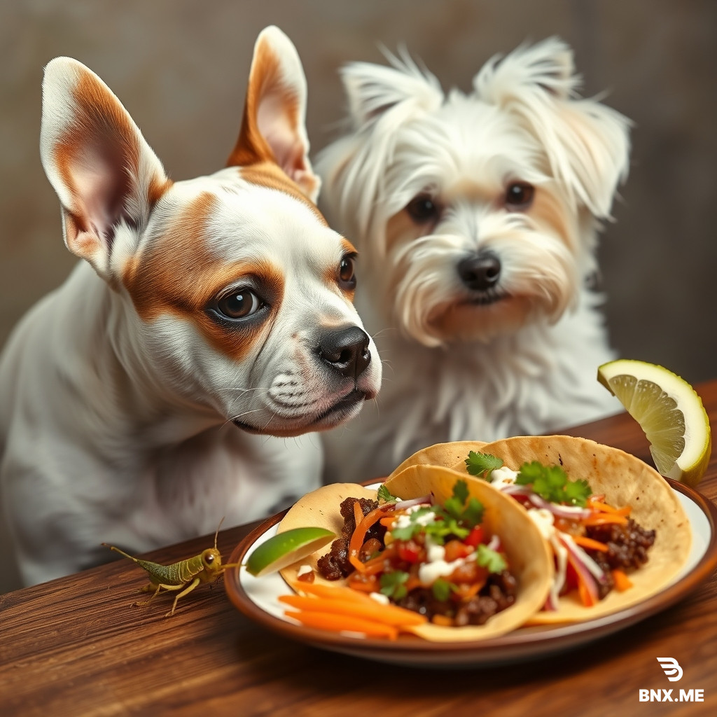 a jck russell terrier dog, all white except for typical brown mask-like pattern n face, and a maletese dog, all white and fluffy, looking at a plater of tacos with a grasshopper looking on
