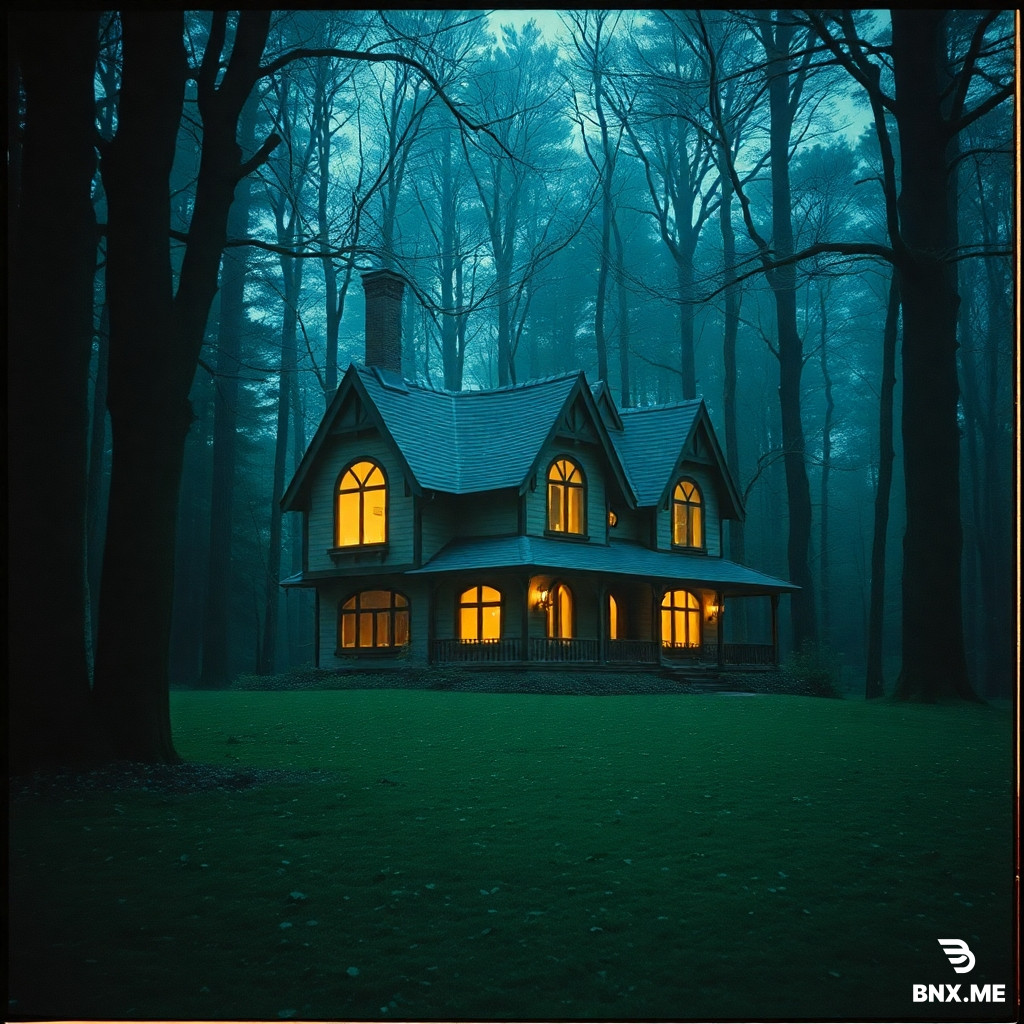 one flor witches house with big windows near the forest