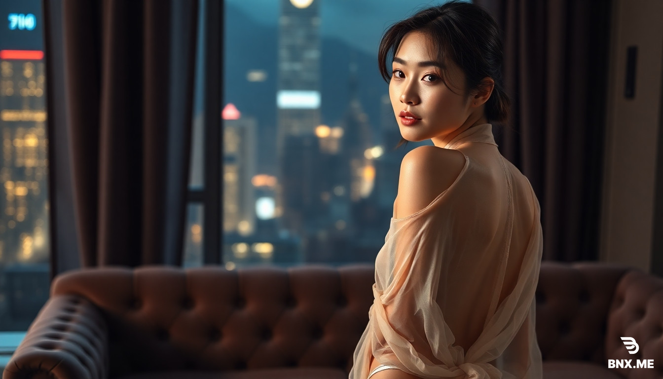 Hyper-detailed photorealistic scene of a stunning 24-year-old Asian woman in a translucent sheer silk robe loosely draped over her shoulders, revealing elegant lingerie underneath. She has full, natural hyper-defined breasts with delicate contours and realistic skin texture, subtly emphasized by the soft lighting. She is standing by a velvet couch in a dimly lit penthouse with neon lights filtering through floor-to-ceiling windows. Her hair is slightly tousled, skin glistening with a soft sheen of sweat under volumetric god rays. She glances back over her shoulder with a playful, confident expression. The sheer silk fabric catches the light, showing delicate folds and subtle texture. Cinematic photography, 8k masterpiece, intricate textures, sharp focus, professional studio lighting, ultra-realistic skin and fabric details, moody atmospheric vibe.