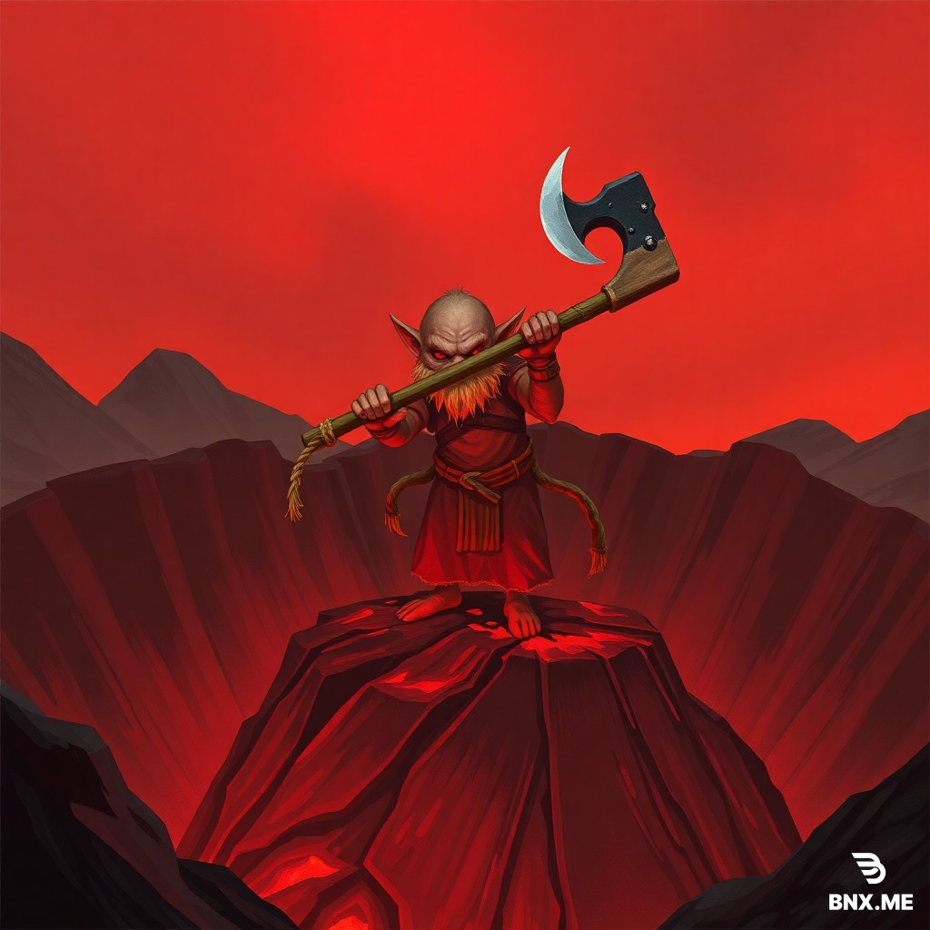 Generate an image for me in the style of Magic: The Gathering. The card features a goblin standing at a volcano’s crater, wielding an axe with a blade tied to a wooden stick using straw rope, posed to swing the axe downward. Below the crater lies solidified magma. The entire card uses a red‑toned art style, complete with a card border. The aspect ratio (height to width) of the full card is 25:19. Deliver highly detailed artwork with a straight‑on front perspective.