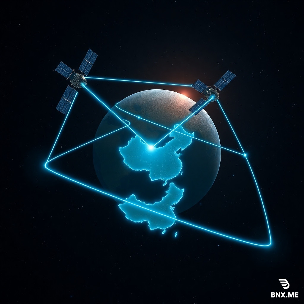 Deep space, Earth visible in the background. Three BeiDou satellites arranged in a triangular formation, each connected by glowing neon blue data beams forming a mesh network. One satellite near the Earth is sending a concentrated beam of data down directly onto the map of China (mainland outline visible). No ground stations elsewhere on Earth. The satellites have solar panels and small antenna dishes. Starfield background, dark navy blue tones with cyan and gold accents. Futuristic scientific illustration, ultra detailed, 4K, wide angle.