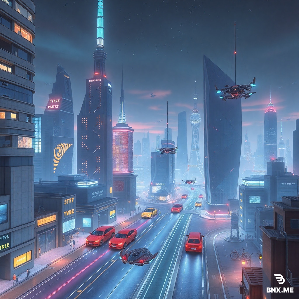 A futuristic city with flying cars