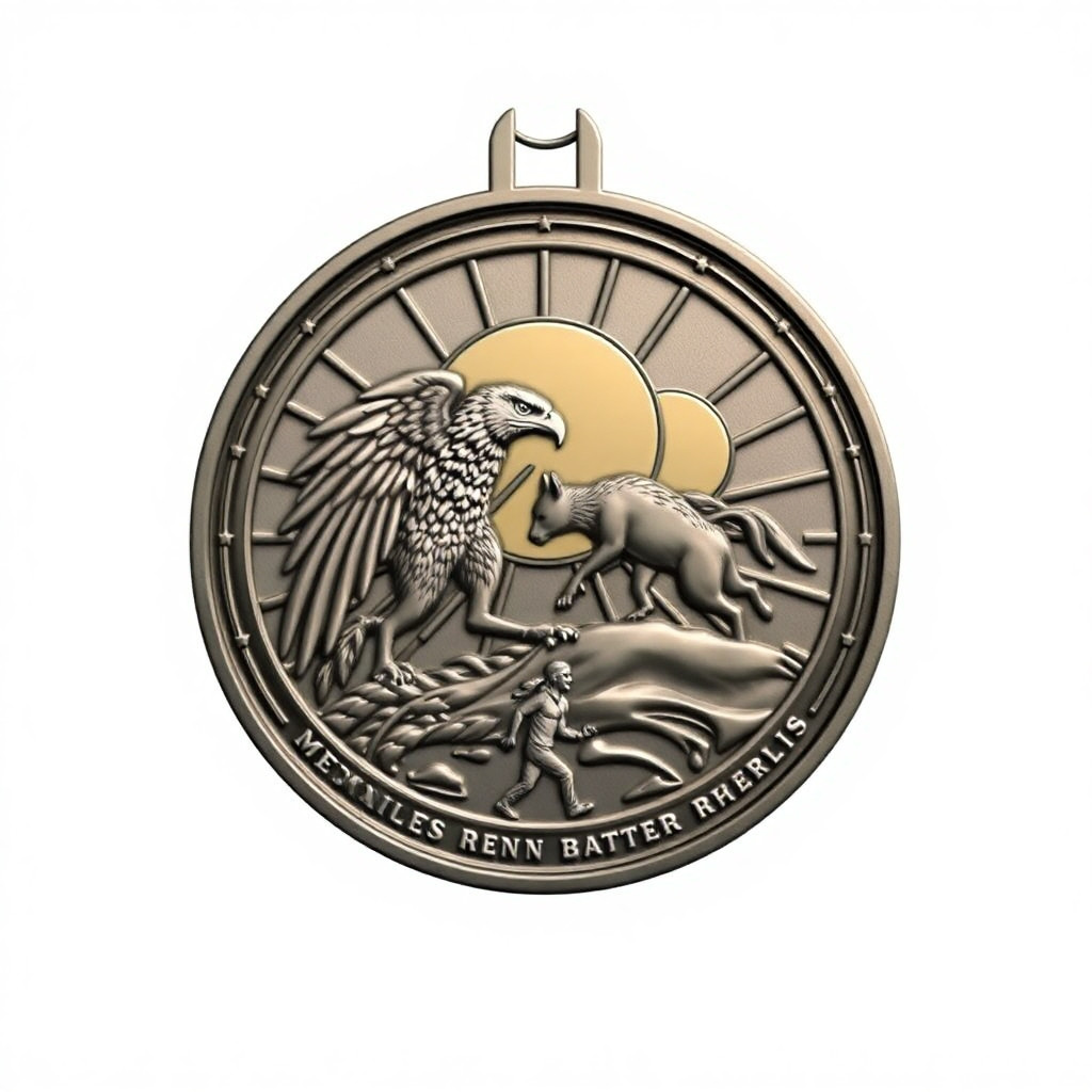 Crea una imagen de una medalla donde tenga la forma de sol y en el fondo este el illimani y en el centro el águila y el puma peleando por un 21k y en la parte baja con una persona corriendo asía ahí con la frase una meta menos una medalla