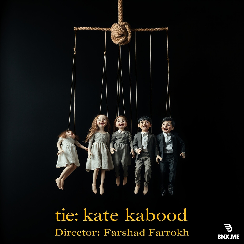 *"A professional theatrical poster design, vertical format (2:3 aspect ratio), completely dark black background, minimalist and surreal atmosphere. From the top of the image, three thick ropes hang down vertically. At the very top, all three ropes are tied together with a single tight overhand knot (a granny knot), joining them at one point before they spread out downward. Hanging from these ropes are three life-sized marionette puppets: two female puppets with long hair and dresses, and one male puppet with short hair and a suit. The puppets are NOT dead or limp; they are alive, laughing with wide-open eyes and joyful expressions, their limbs posed dynamically as if interacting with each other. They are eerie but NOT scary—playful and theatrical. The ropes are their only connection to the top. Dramatic single spotlight from above illuminates only the puppets and ropes, leaving the rest in deep shadow. At the bottom one-third of the poster, clearly written in elegant golden serif typography, the following text is displayed exactly as listed:  Title: kate kabood Director: Farshad Farrokh Writer: Fereshteh Farshad Cast: Farhad Toofan, Hannieh Simzari, Neda Emami  The text is perfectly legible, professionally typeset, and placed on the pure black background. Cinematic, high contrast, professional poster design, photorealistic, 8k, theatrical mood."*