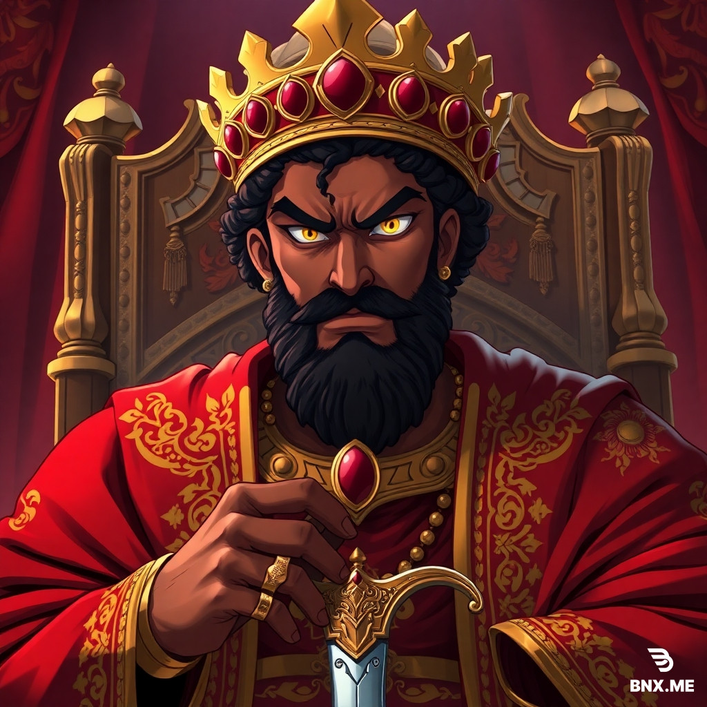 anime character concept art of Abraha Al-Ashram, large muscular Ethiopian king, dark brown skin, square face, strong jaw, short black beard, sharp yellow eyes with arrogant cruel gaze, short curly black hair, large gold Ethiopian crown with red jewels, luxurious red and gold robe with jewel embroidery, gold rings, curved Ethiopian sword at waist, sitting on high throne, looking down with contempt, historical Arabian setting, dramatic lighting with red and gold tones, epic fantasy anime style, 8k resolution, full body portrait, detailed armor and fabric