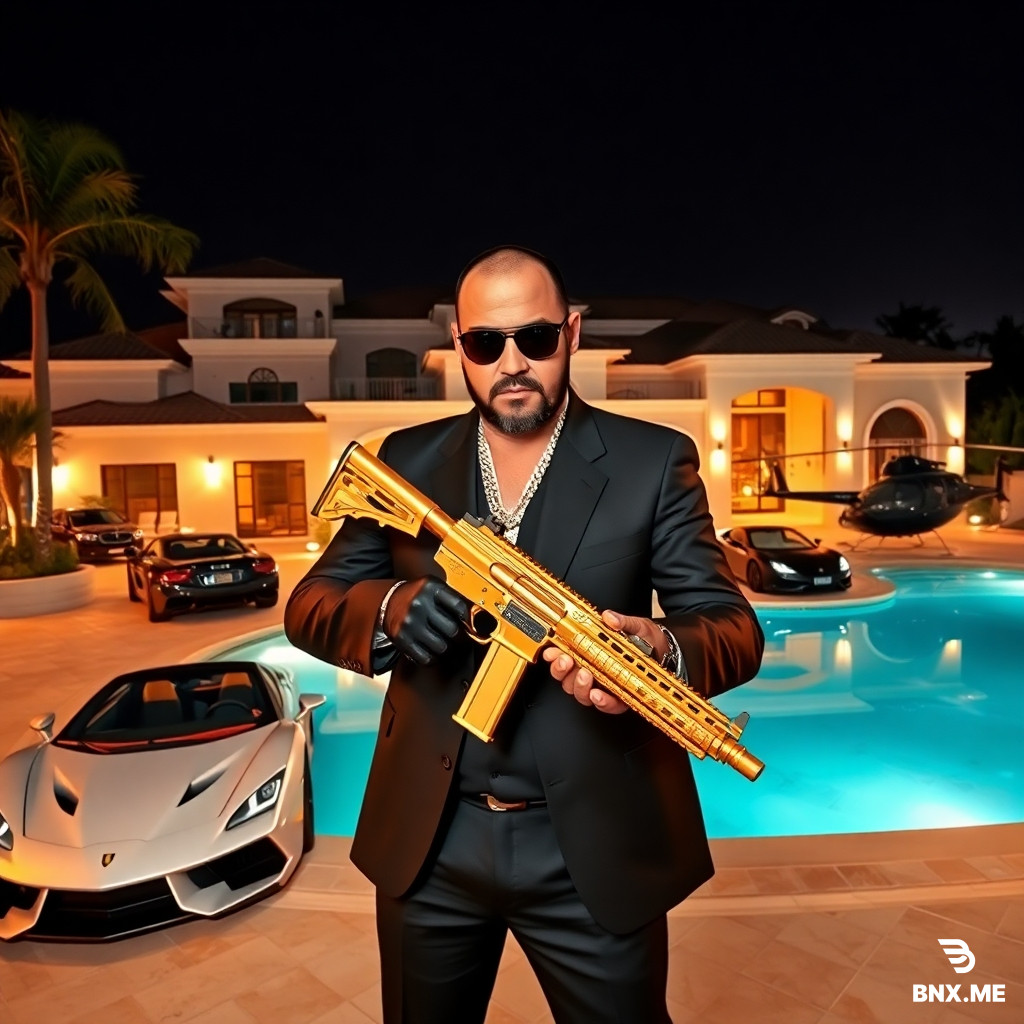 boring low quality snapchat photo circa 2015, A Mexican mafioso stands in front of a luxurious villa with a swimming pool, holding a gold-plated machine gun in his hands. Supercars and luxury cars are parked next to the villa, as well as a private helicopter. Make it as luxurious as possible