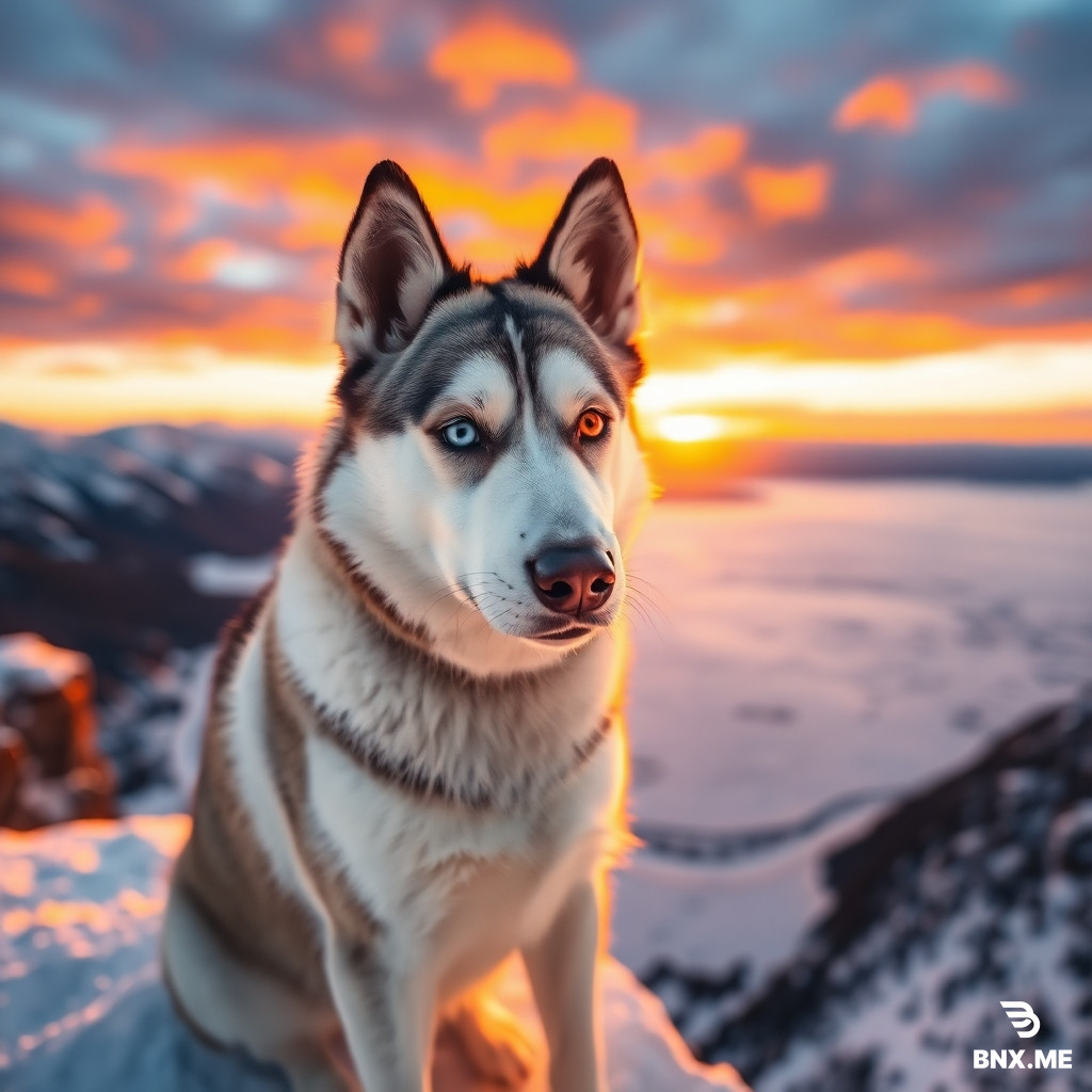 "A majestic Siberian Husky with heterochromia (one bright blue eye and one warm amber eye), sitting on a snowy cliff edge at golden hour. The background features a breathtaking sunset with vibrant orange and purple clouds reflecting off a frozen lake below. Ultra-realistic, highly detailed fur texture, cinematic lighting, 8k resolution, sharp focus, emotional and majestic atmosphere."
