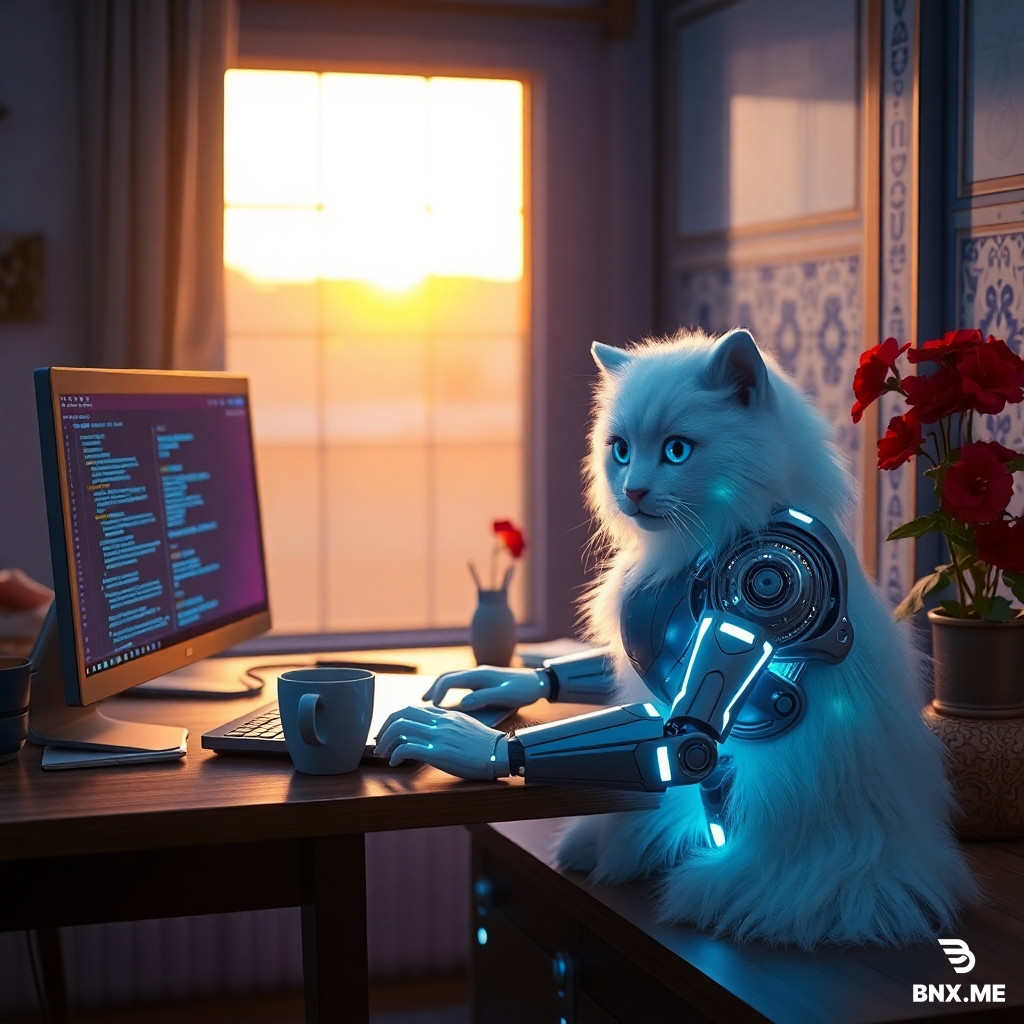 A beautiful white Persian caA futuristic humanoid AI robot sitting behind a wooden desk, working on a modern laptop, detailed metallic body with glowing blue LED lines, dimly lit room with neon blue and purple lights, monitor screen showing lines of code and AI interface, coffee cup on the desk, sci-fi style, photorealistic, cinematic lighting, 8k, hyperdetailedt with fluffy fur and big blue eyes, sitting on a wooden windowsill next to a red geranium flower pot, warm sunset light shining on its face from the window, traditional Iranian room with blue and white tilework in the background, photorealistic, cinematic lighting, high detail, 8k, soft focus.