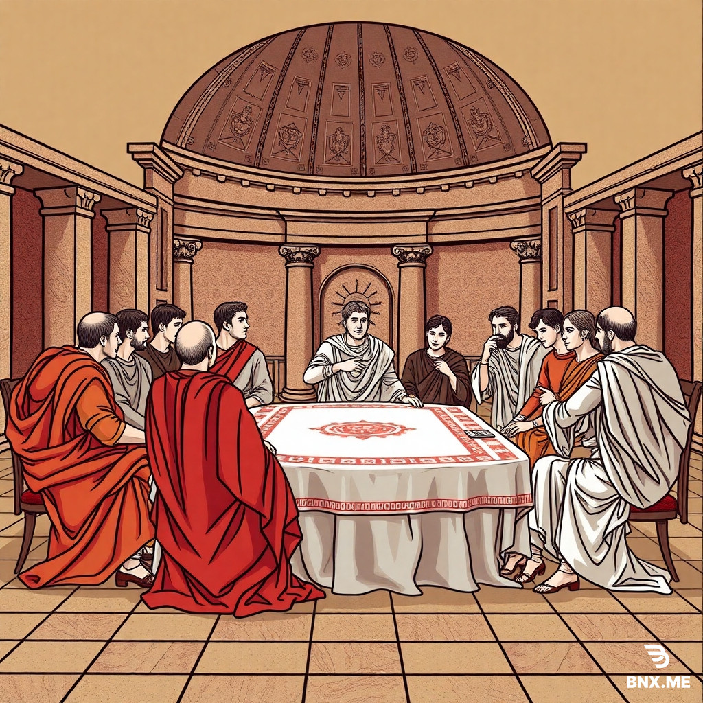 Renaissance-style illustration of a Roman Senate meeting