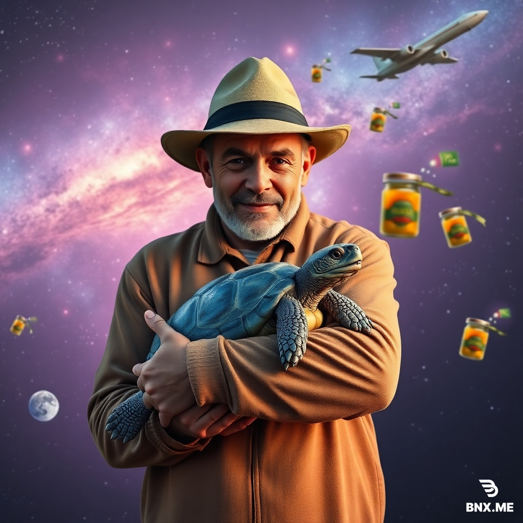 A Dagestan man wearing a hat hugs a turtle at chest level, with galaxies and space ships in the background. Also in the background, glass jars of canned turtles and Dargin peppers fly through space. Superrealism. 4K.